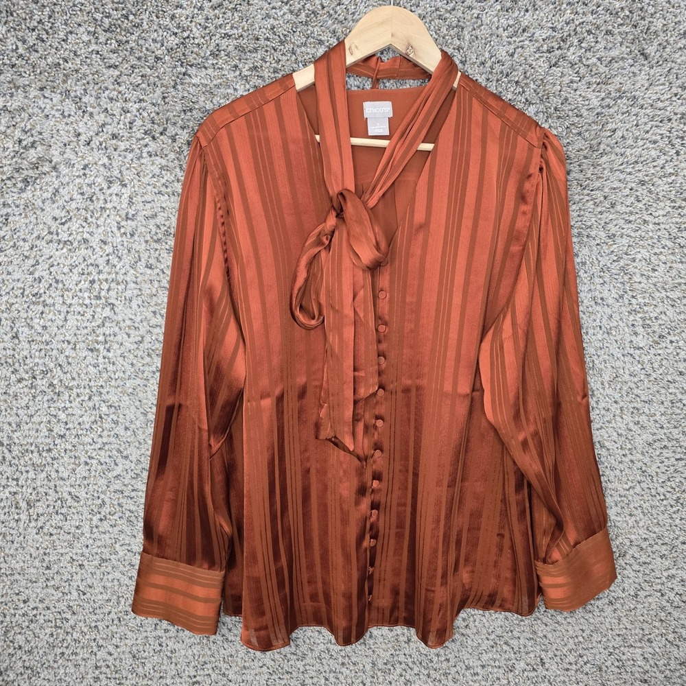 Chicos Top‎ Womens 3 US XL Orange Striped Blouse Neck Tie Long Sleeve Ladies